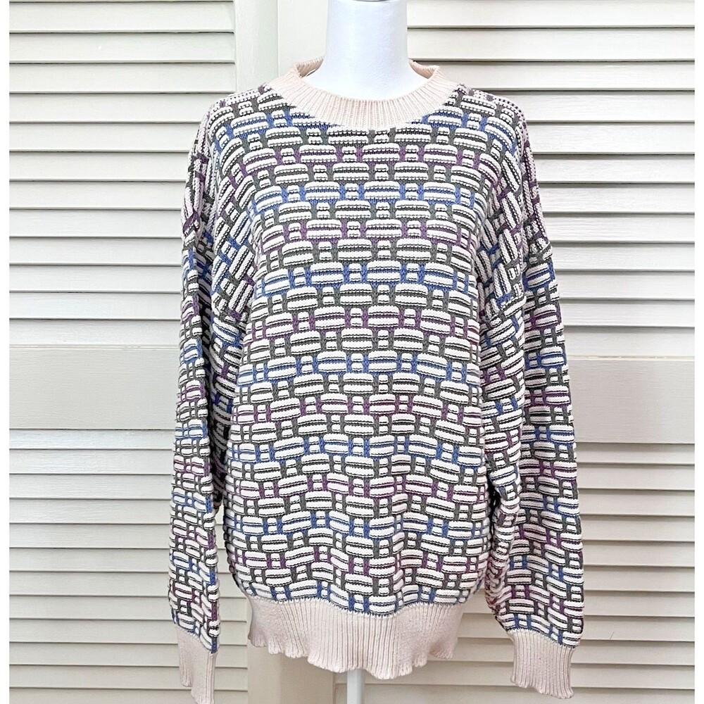 Vintage 90s Steeplechase L Blue/Beige Womens Cotton Sweater-USA- Shoulder Pads